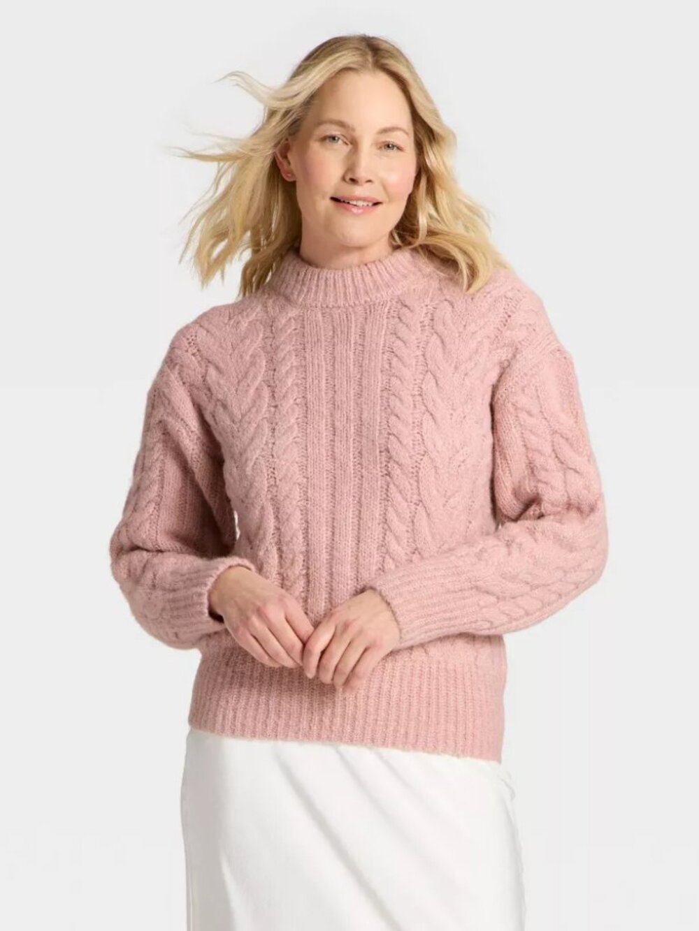 a new day Women's Pink Long Sleeve Cabled Tunic Sweater Ribbed Knit Wool Blend